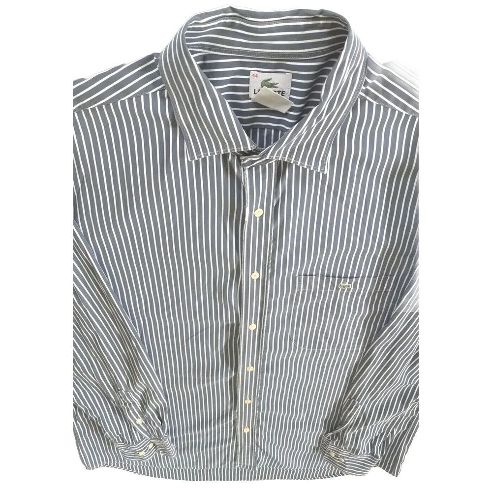 Lacoste Men Short Sleeve Shirt 44 XL Button Up Stripe Stormcloude Gray Crocodile